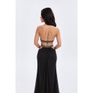 BLACKSO Taş İşlemeli Cut-Out Sırt Dekolteli Maxi Elbise