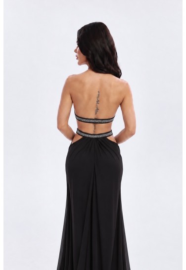 BLACKSO Taş İşlemeli Cut-Out Sırt Dekolteli Maxi Elbise