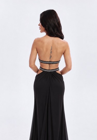 BLACKSO Taş İşlemeli Cut-Out Sırt Dekolteli Maxi Elbise