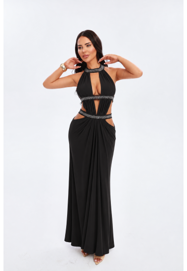 BLACKSO Taş İşlemeli Cut-Out Sırt Dekolteli Maxi Elbise
