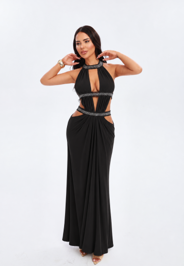BLACKSO Taş İşlemeli Cut-Out Sırt Dekolteli Maxi Elbise