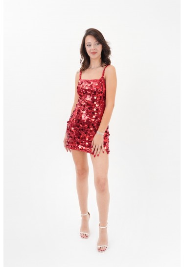  Scarlet Payetli Kare Yaka Yırtmaçlı Mini Elbise