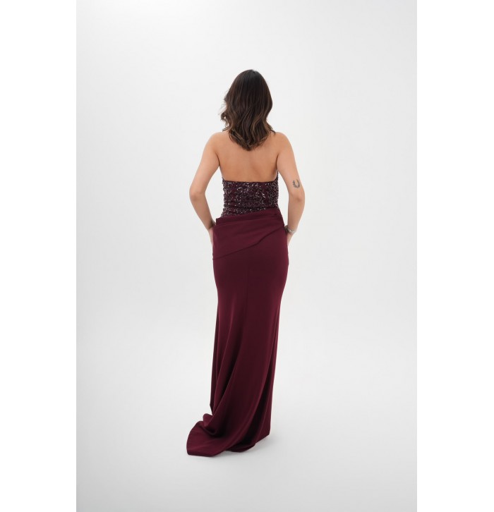 AMOURA PAYET İŞLEMELİ HALTER YAKA ABİYE ELBİSE 
