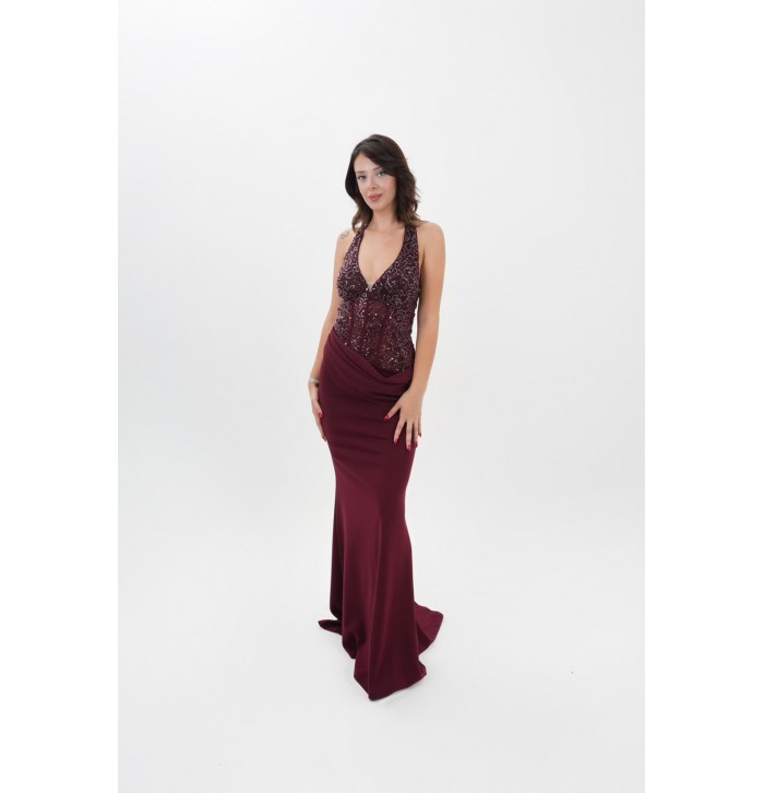 AMOURA PAYET İŞLEMELİ HALTER YAKA ABİYE ELBİSE 