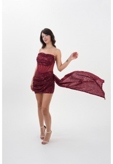 Merlot Payetli Drapeli Bağcıklı Korsajlı Mini Elbise