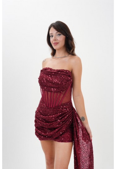Merlot Payetli Drapeli Bağcıklı Korsajlı Mini Elbise
