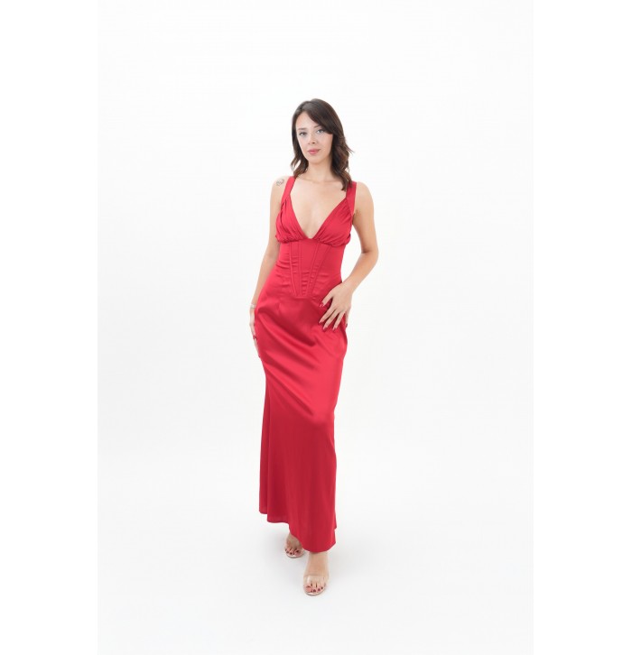 (ÖN SİPARİŞ) WINE KORSE GÖRÜNÜMLÜ SATEN ELBİSE