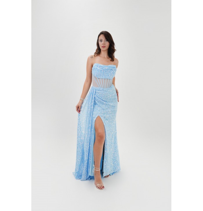 AZURA PAYET İŞLEMELİ BAĞCIKLI KORSE MAXI ABİYE ELBİSE