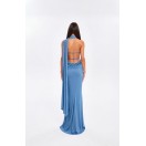 (ÖN SİPARİŞ) SAPPHIRE ŞAL DETAYLI ASİMETRİK YAKA SATEN ABİYE ELBİSE