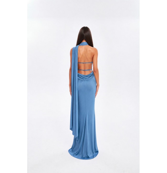 (ÖN SİPARİŞ) SAPPHIRE ŞAL DETAYLI ASİMETRİK YAKA SATEN ABİYE ELBİSE