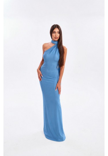 (ÖN SİPARİŞ) SAPPHIRE ŞAL DETAYLI ASİMETRİK YAKA SATEN ABİYE ELBİSE