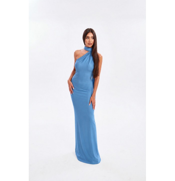 (ÖN SİPARİŞ) SAPPHIRE ŞAL DETAYLI ASİMETRİK YAKA SATEN ABİYE ELBİSE
